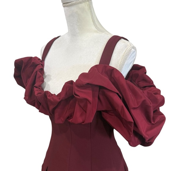 MAC DUGGAL Oxblood Crepe Godet Hem Mini Dress Faille Ruffle Shoulder NWT Size 6 - Picture 6 of 16